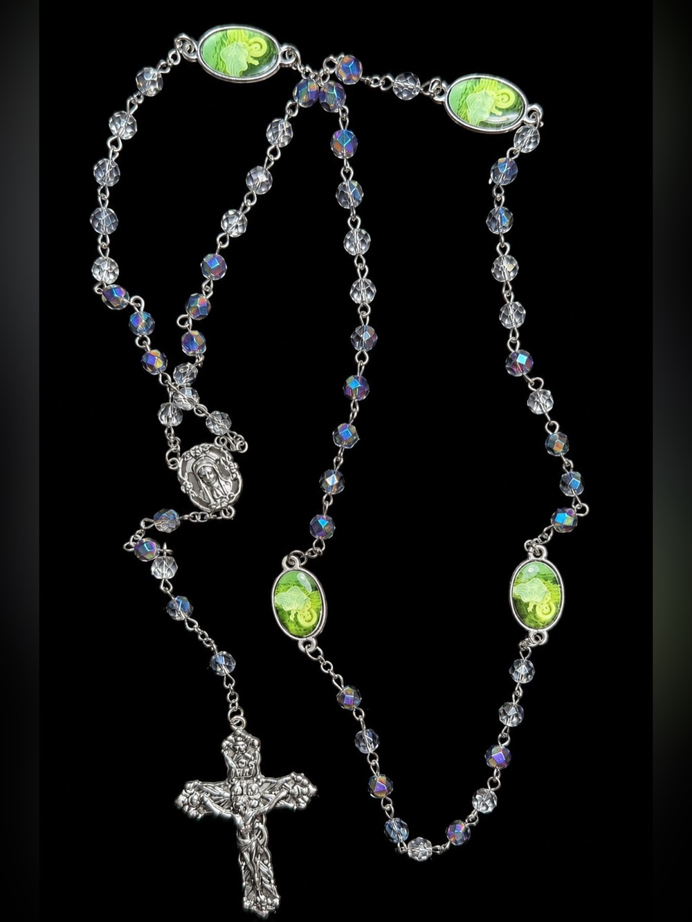 Vintage Creed Aurora Borealis Crystal Catholic Rosary Prayer Beads